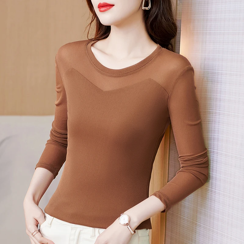 Autumn Spring Mesh T-Shirt Round Collar Solid Color Simple Tops For Women Female Elastic Slim Tees S-3XL