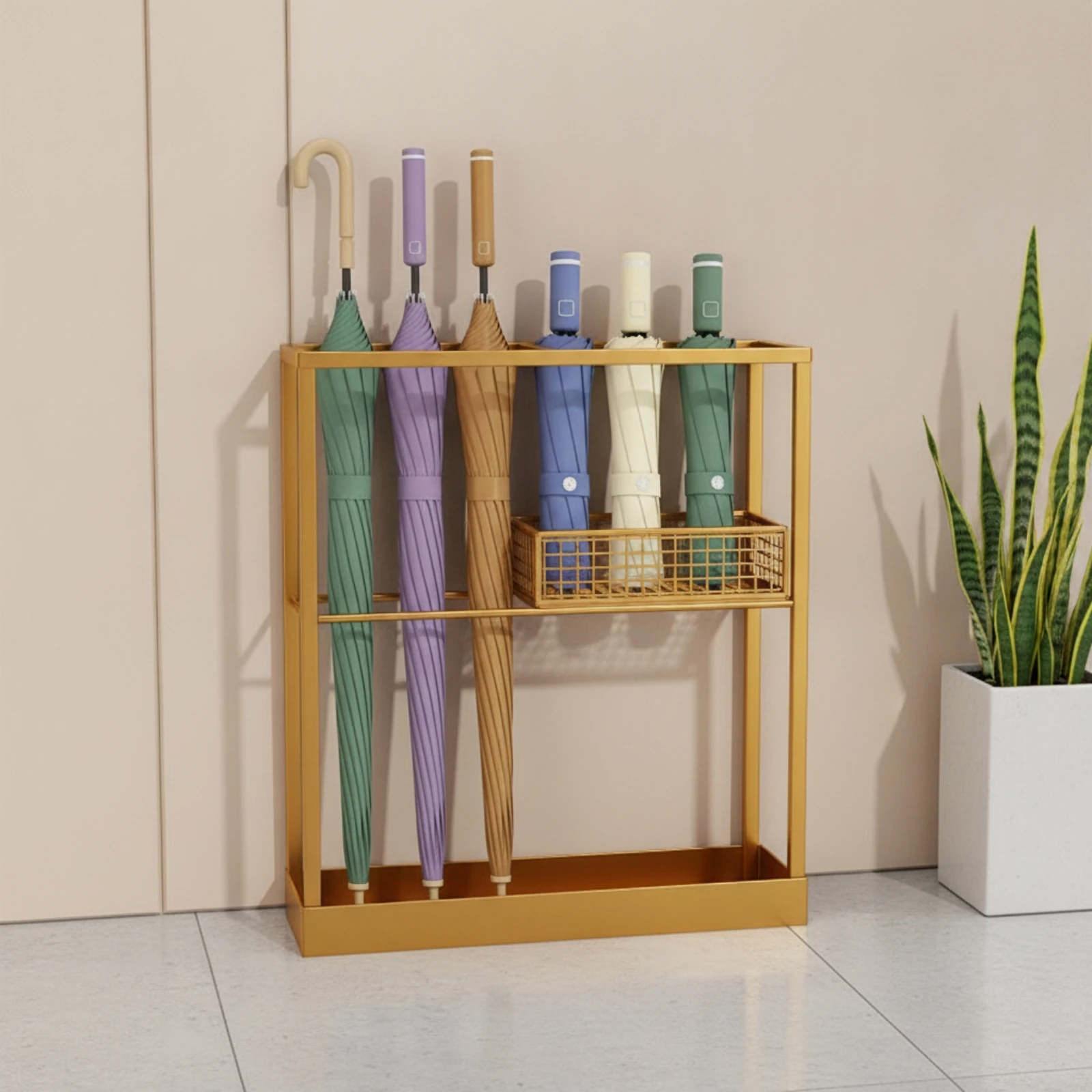 Umbrella Holder with Basket Slim Umbrella Stand Cane Holder Compact Rust-Resistant for Entryway, Doorway