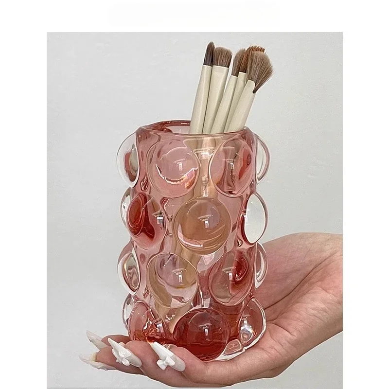 Luxury Ins Style High-End Glass Makeup Brush Organizer - Elegant Desktop Storage for Cosmetics, Remotes, Pens & Vanity/Home Desk