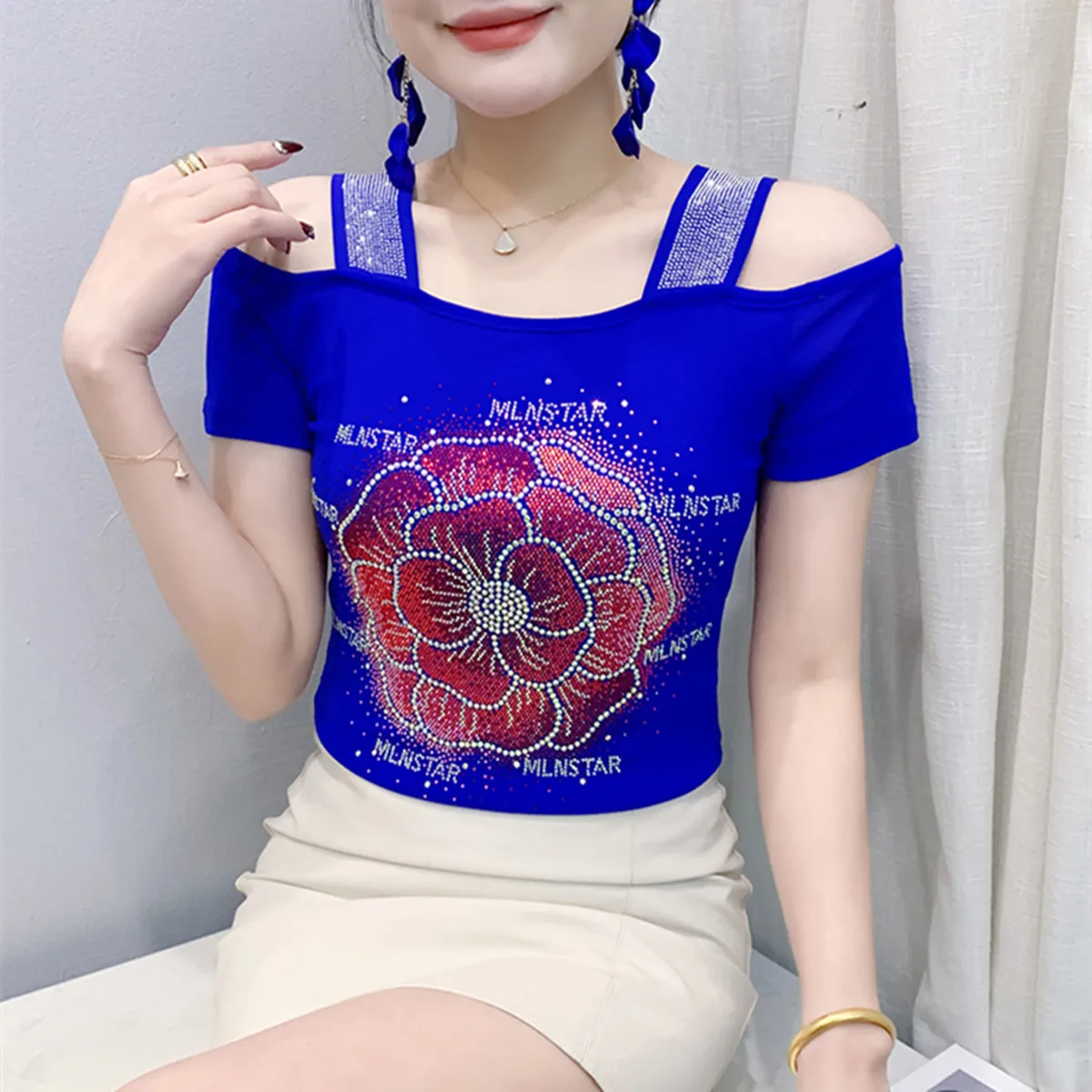 Dulce flor diamantes calientes Deco camiseta verano Mujer Ropa Blusas Mujer De Moda 2025 Sexy fuera del hombro Slim Tops Ropa Mujer