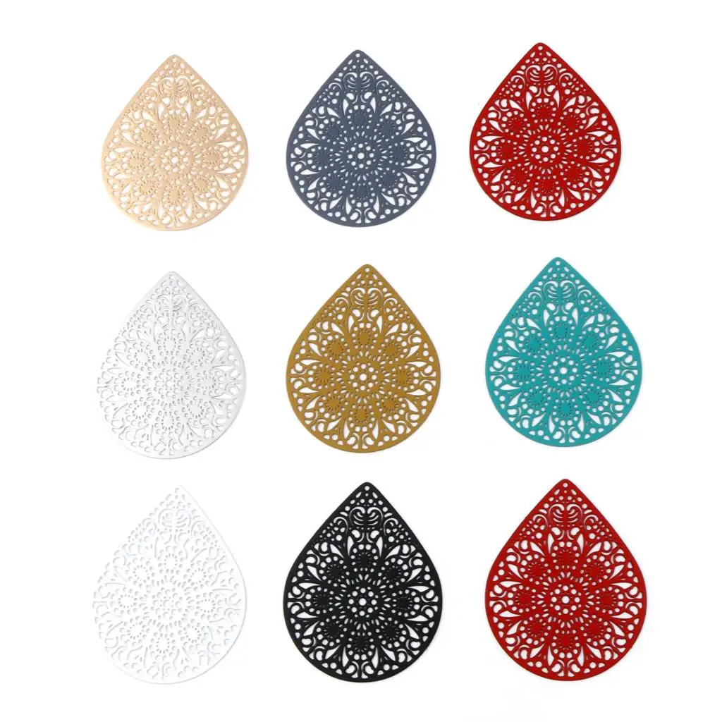 Bohemian Multicolor Iron Alloy Filigree Stamping Pendants Drop Flower Hollow Metal Charms DIY Making Necklace Jewelry Gift,10PCs