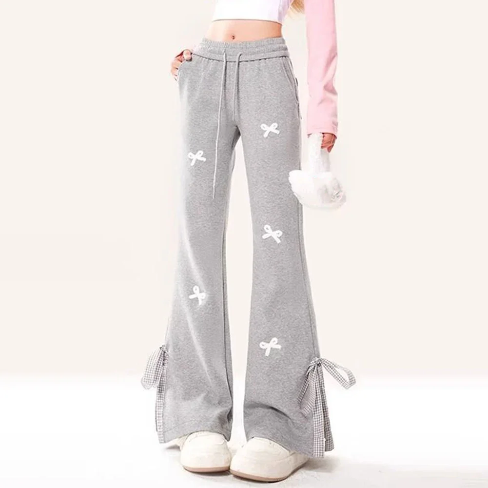 

Bowknot Pants Black Casual Sweatpants Daily Commuting Wear Flared Design Long Pants Solid Color For Daily Wear