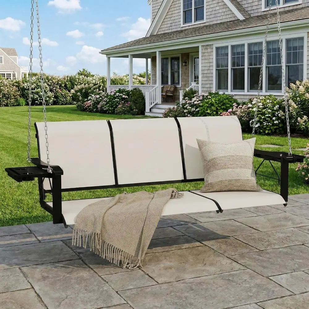 Textilene 3 Seat Porch Swing with Cup Holder, 5.3T Patio Hanging Swing Bench, 700lbs acity Outdoor Porch Swing with Hanging Chai