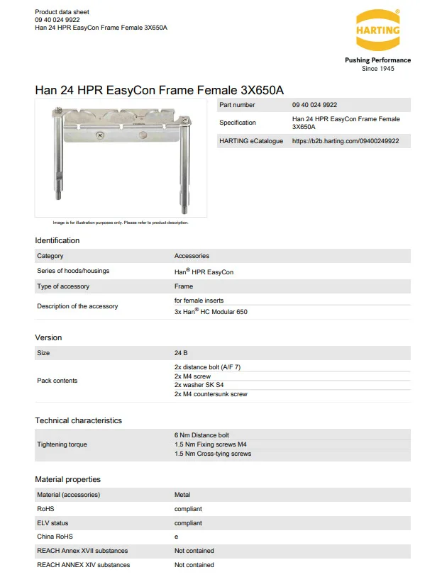 09400249922 HARTING Han 24HPR EasyCon Frame Female 3 X650A