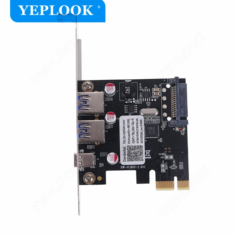 PCI-e 1x to 2x USB3.0 & Type C with SATA 15Pin Expansion Card USB 3.0 Type A+USB 3.1 Riser Card USB3.0 HUB Adapter VL806 Chipset