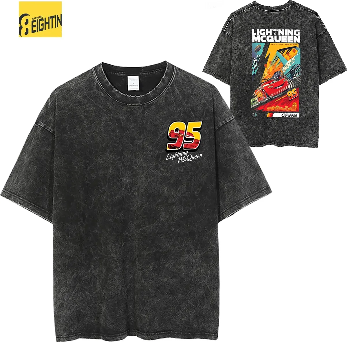 

Washed T Shirts Lightning McQueen Cars 95 Hip Hop Vintage T-Shirts Harajuku Streetwear Cotton Summer Tops Tee Shirt Men Women