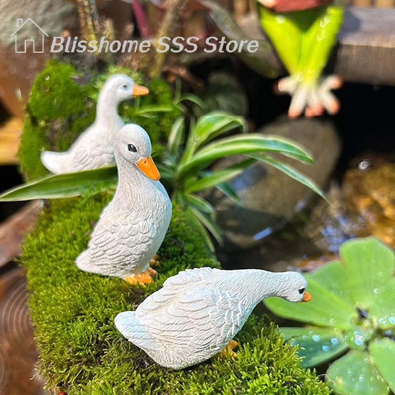 【S】3pcs Cute White Duck Hydroponic Lotus Flower Pot Retro Resin Statue Outdoor Sculpture Home Garden Office Decor