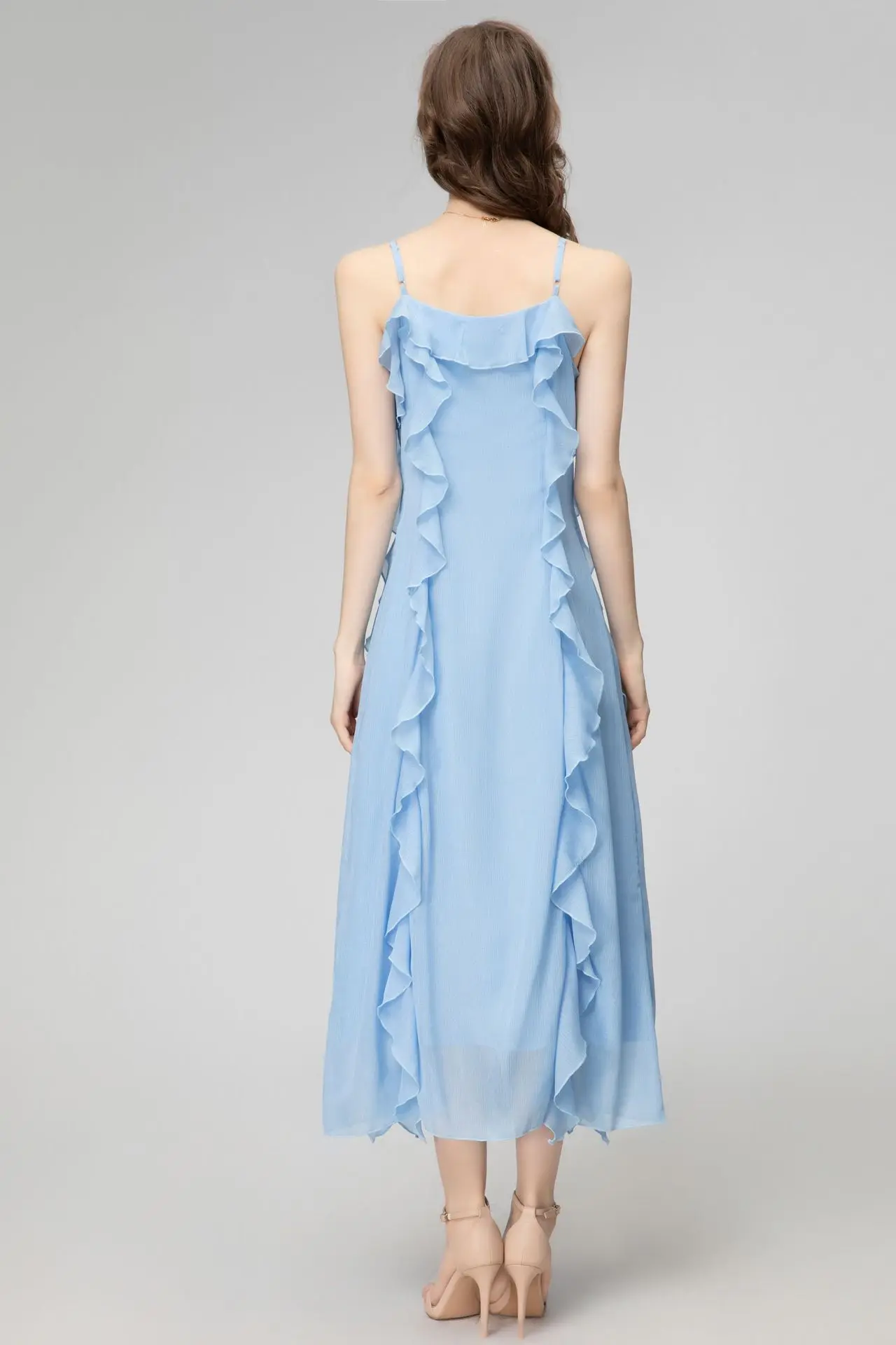 Spring New Fashion Runway Light Blue Elegant Sling Dress Women O Neck Sleeveless Ruffles High Waist Slim A-LINE Long Dress