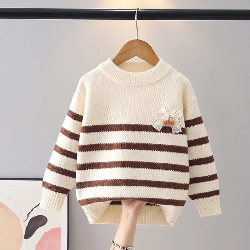 Beauty Kids Speckled Yarn Striped Crew Neck Knit Sweater for Girls Hariball Bow-tie Student Casual Long Sleeve Pullovers JY07251