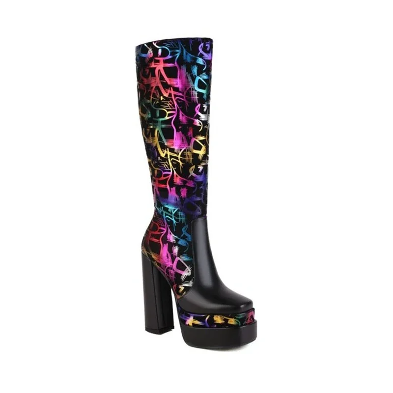 

Zapatos De Mujer Роскошные модные сапоги до колена Женские туфли на платформе с квадратным носком и боковой молнией на толстом высоком каблуке, большой размер 46 X211