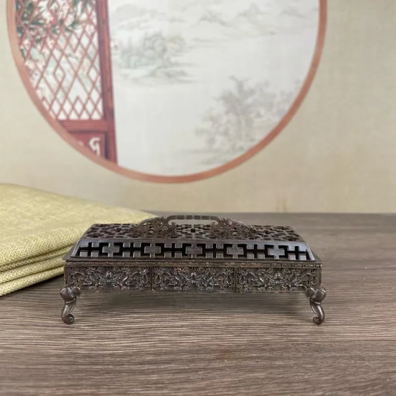 Antique-style Tibetan incense burner for home use, Buddhist interior decoration, Xuan De four-legged sandalwood hollow horizonta