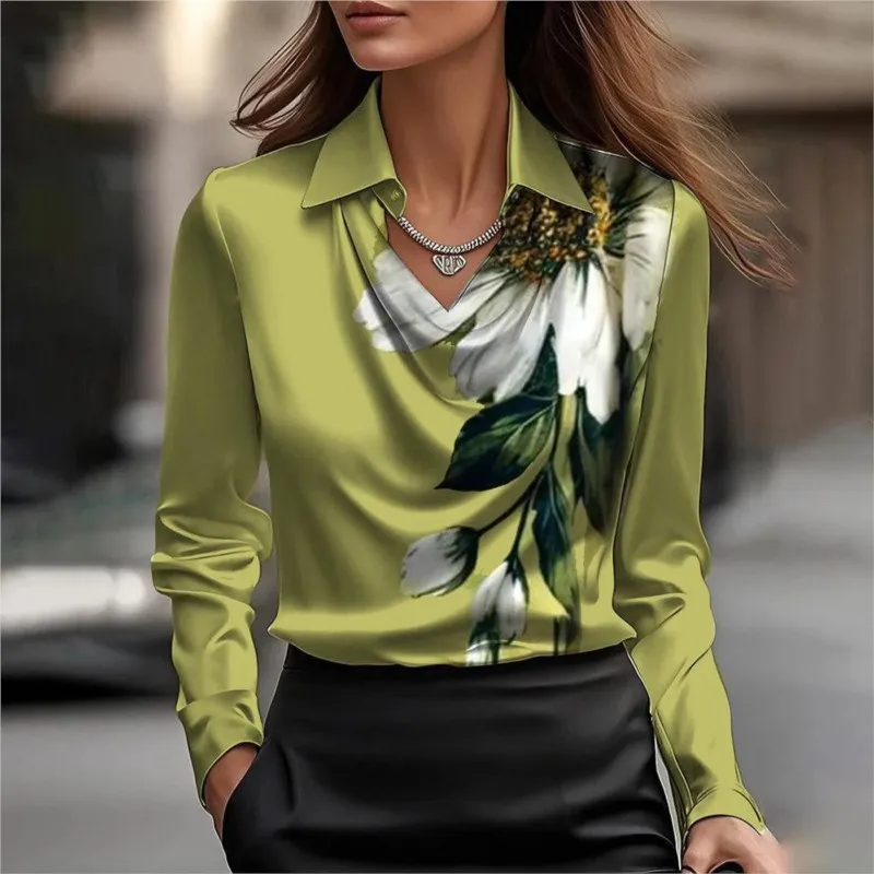 

Womens Tops Commuting White Shirt Autumn Female Clothing Fashion New Satin Women Shirt Vintage Long Sleeve Blouse Silk Elegant