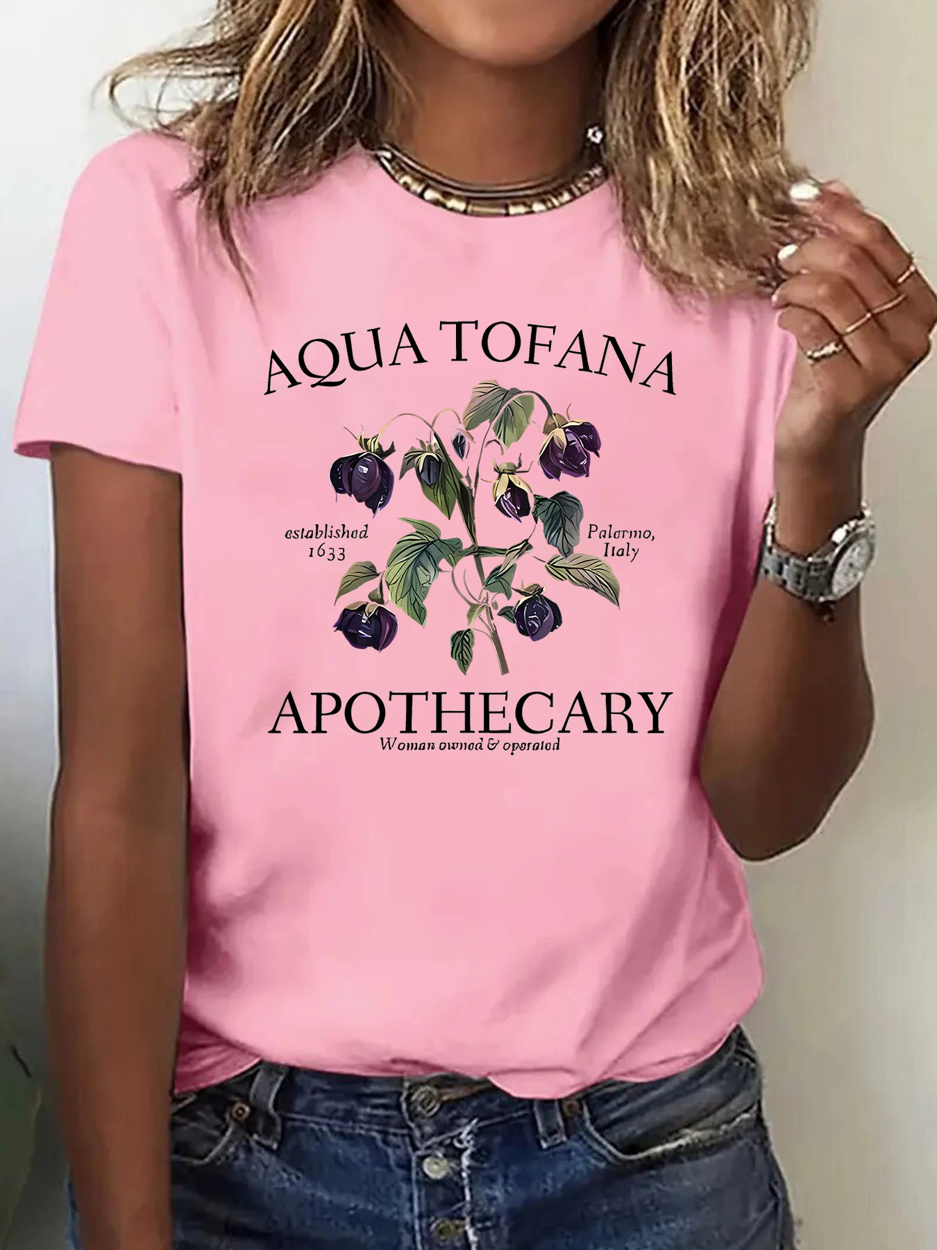 Women's Summer Crew Neck Short Sleeve T-Shirt, Vintage Aqua Tofana Bellflower Herb Apothecary Letter Print, Casual Fashion Tee