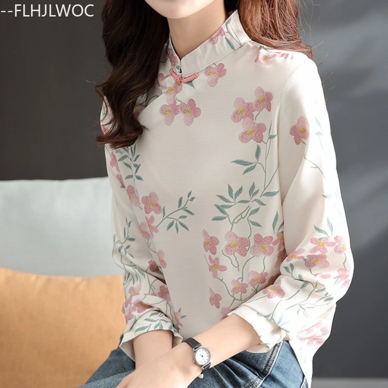 Chinese Style Chi-pao Collar Design Button Tops New Year 2025 Spring Summer Women Date Girls Elegant Retro Shirt Blouse Vintage