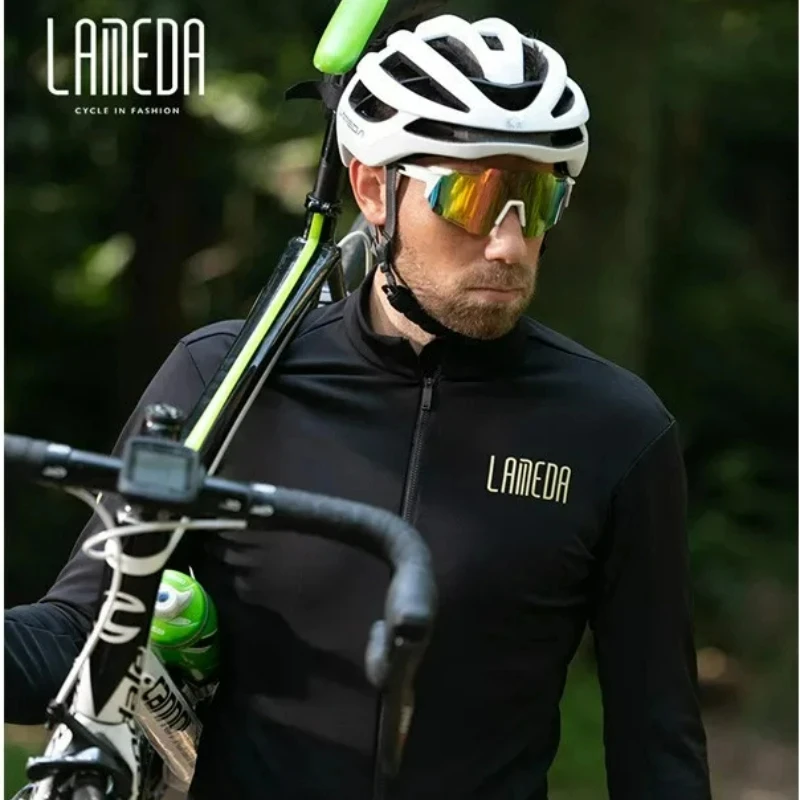 Lameda-Long-Sleeved Fleece Cycling Jersey for Men, Windproof Cycling Tops, Winter Clothes with Pockets, Biketops, 0-10 ℃