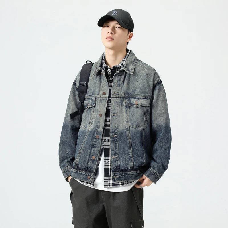 2025 خريف جديد وصول الأمريكية خمر غسلها الدنيم سترة-الرجال استرخاء صالح ريترو الأزرق عادية كم طويل معطف حجم كبير 4XL