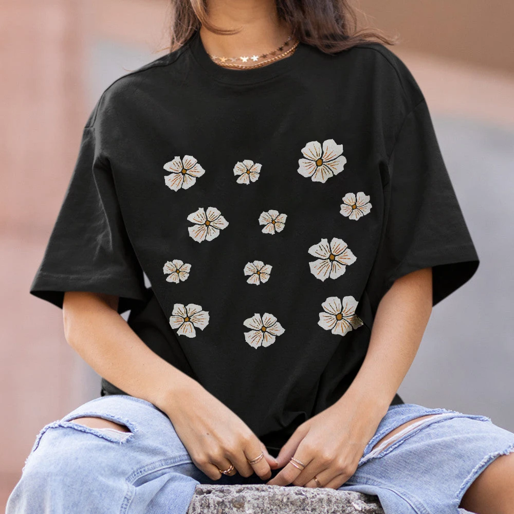 

Y2K Cotton Casual Women's T - Shirt, Short Sleeve Round Neck Fitted, Colorful Cute Cartoon White Flowers Print, Delicate Style