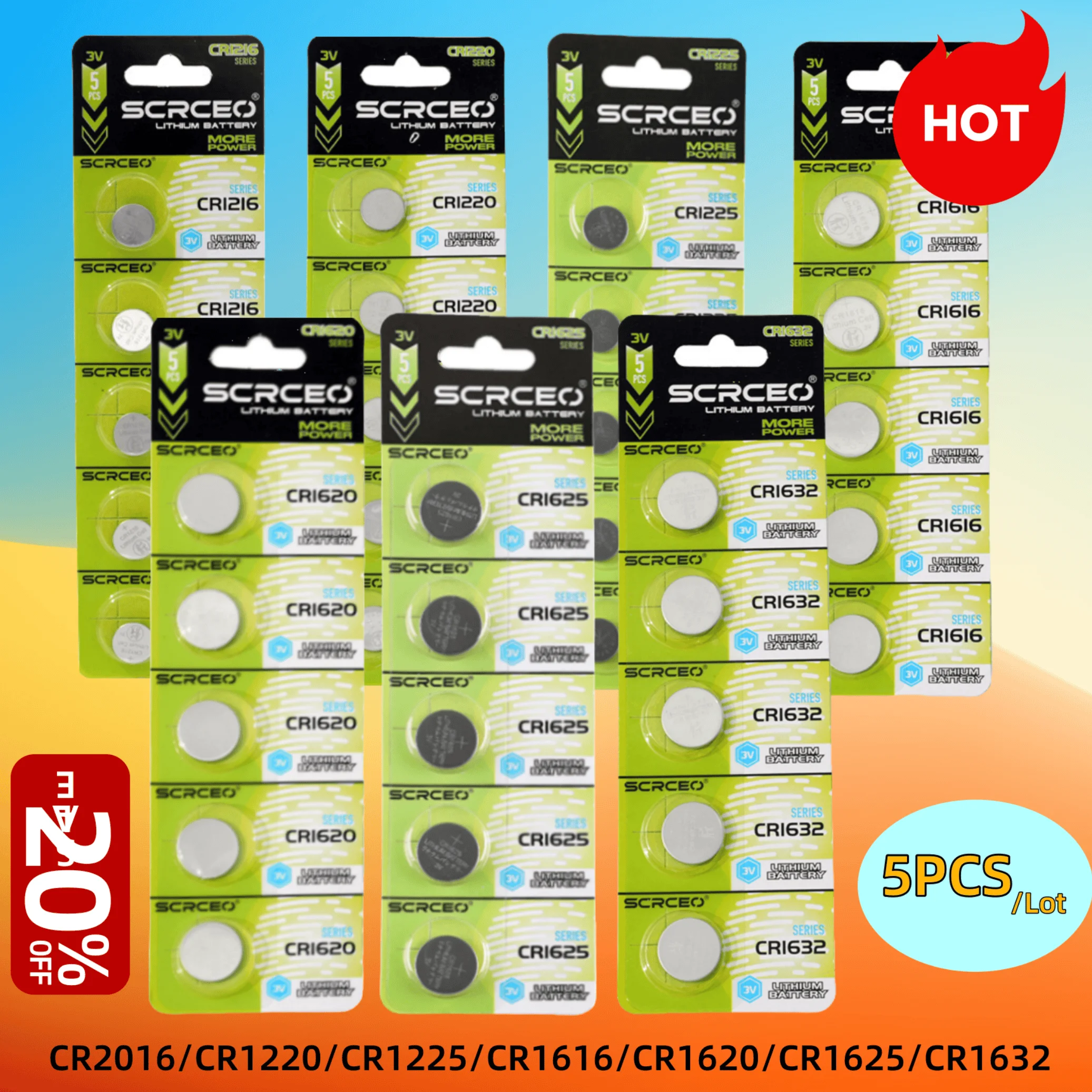 

5PCS CR1216 CR1220 CR1225 CR1616 CR1620 CR1625 CR1632 3V Lithium Coin Cell Battery for Remote Controllers Garage Door Openers