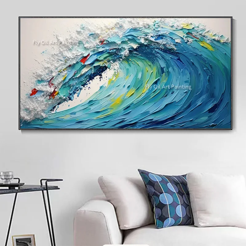 Large Modern Seascape Artwork Blue White People Surfing Oil Painting On Canvas Handmade Human Playing By The Sea Wall Art Decor
