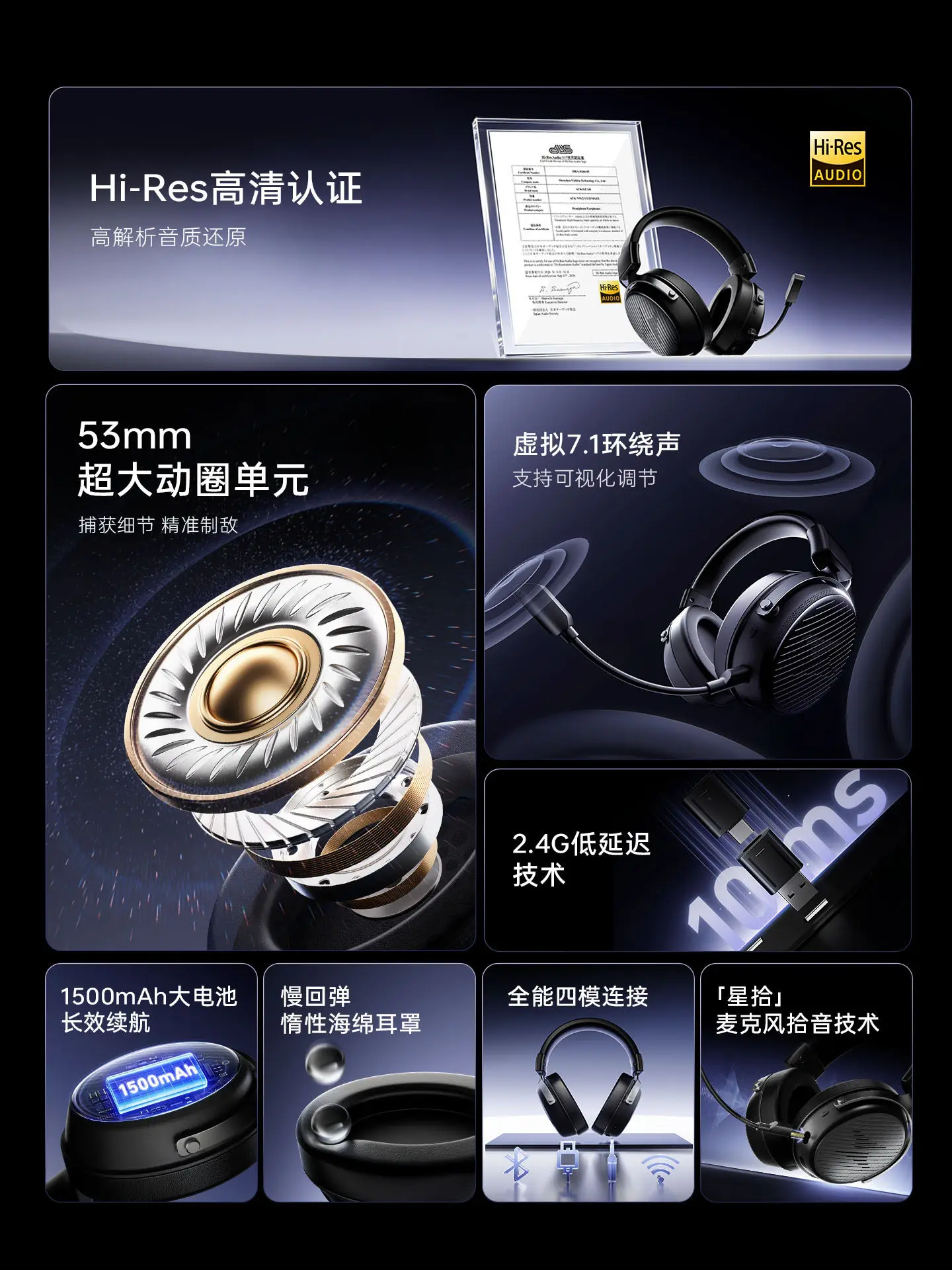 ATK N9V2 Wireless Gaming Headset 4 Mode Bluetooth 53mm Driver Hi Res 7.1 Surround Sound Low Latency Headphone For PC Gamer