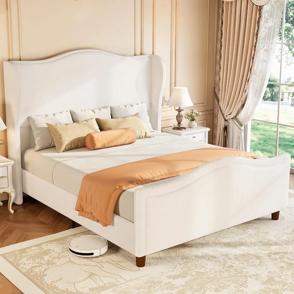 

Queen Bed Frame Chenille Upholstered Platform Bed with Headboard and Footboard, 51" High Deep Tufted Wingback Sleigh Upholstered