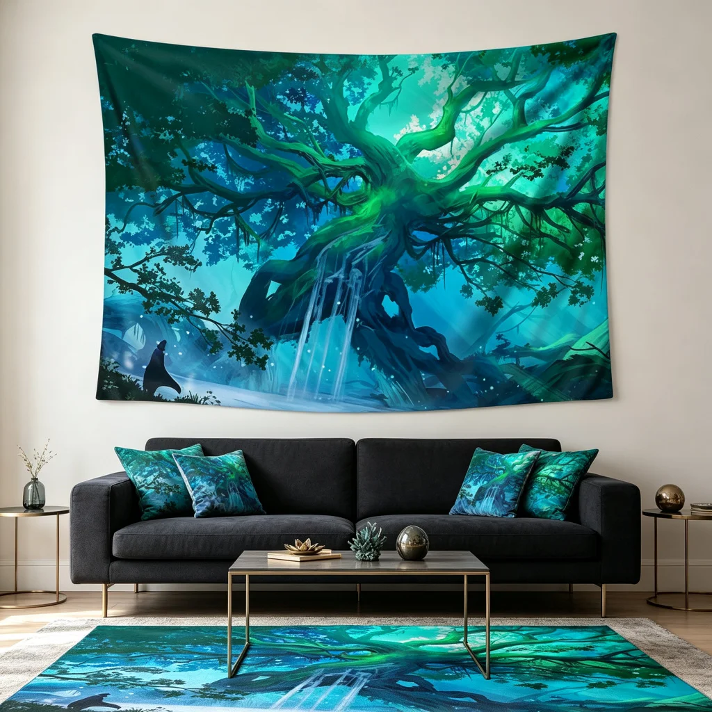 1PC Fantasy Blue Tree View Art Print Backdrop Banner, Bedroom Living Room Photo Background, Polyester, Home Decor, Wall Art