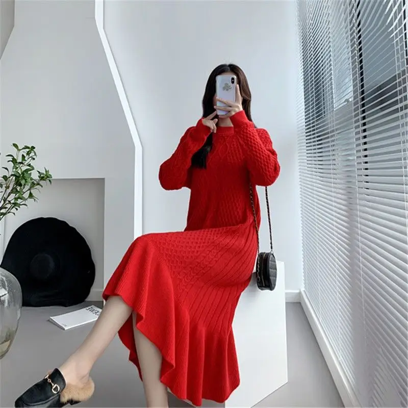 

Autumn Winter New Twist Knitting Sweater Dress Korean Solid Color O-neck Loose Casual Fashion Warm Clothing Plus Size 6XL N75