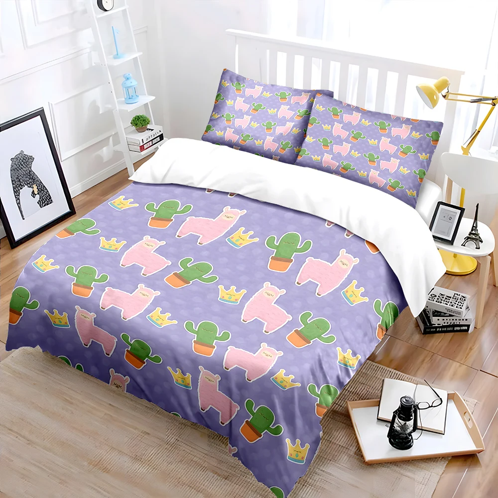 3PC Cartoon llama pink cactus Print Bedding Set 1 Duvet Cover 2 Pillowcases for Adult and Children Luxury Gift Full Size