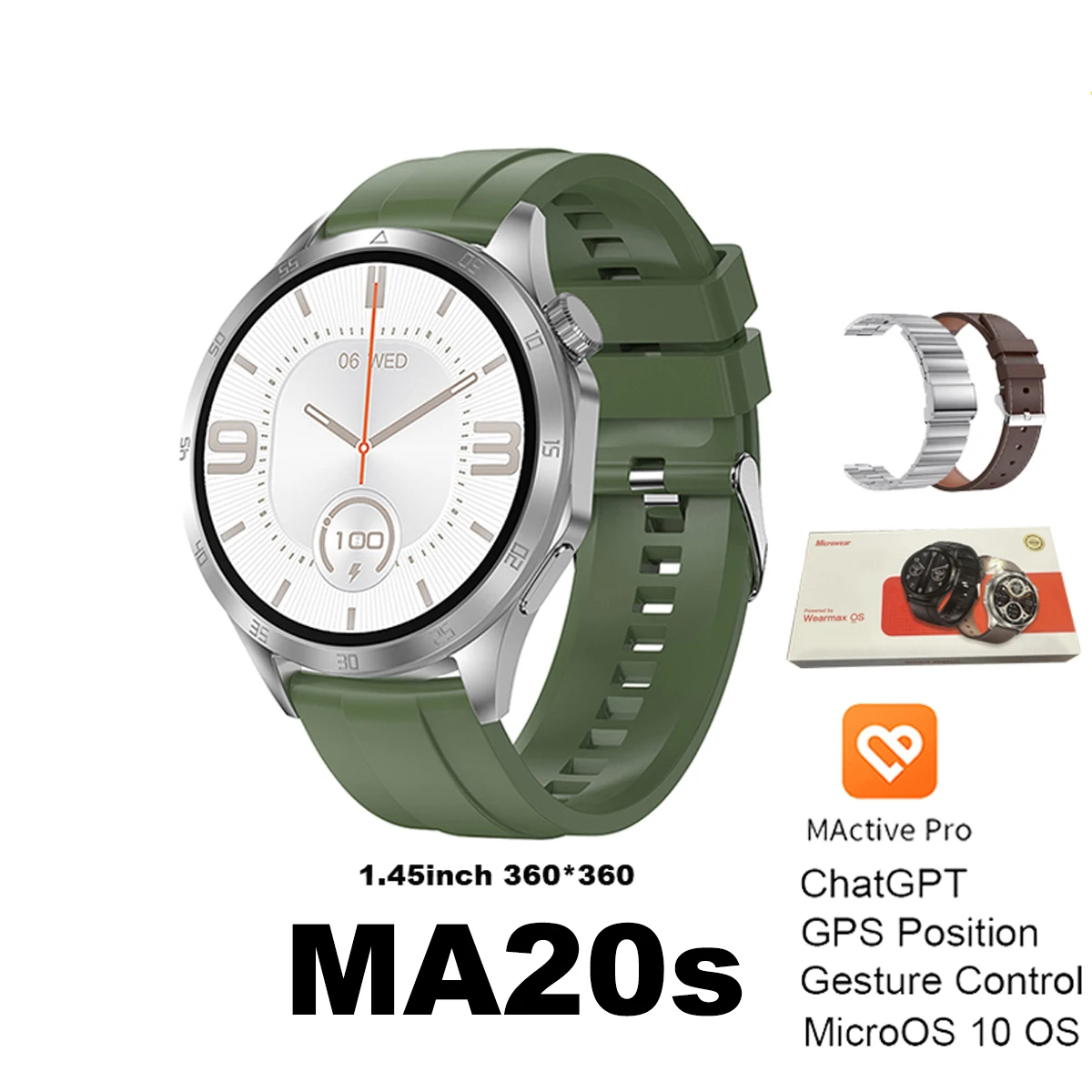 

2024 Microwear 1,45 дюйма круглый экран Смарт-часы MA20s Bluetooth звонок Ghatgpt GPS отслеживание спорта женские мужские Смарт-часы