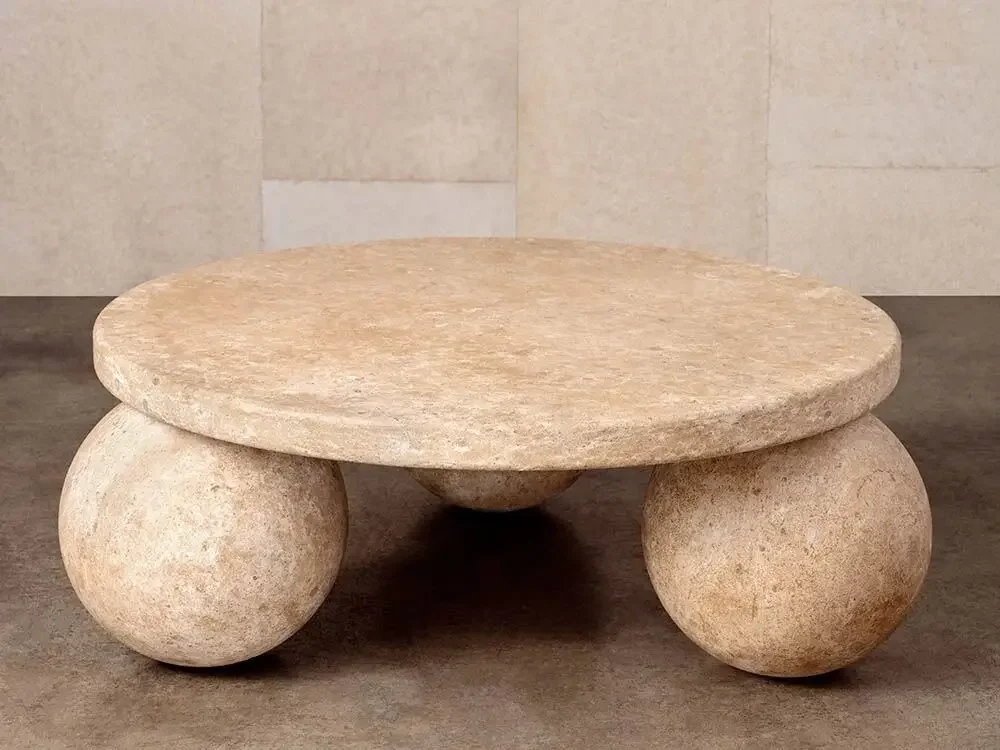 Marble hotel lounge custom modern tables design luxury carving sphere Low round travertine coffee table