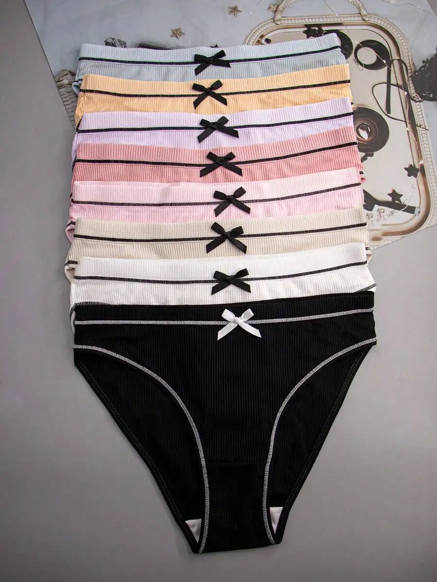 

8pcs Womens Multicolor Ribbed Bow Comfortable Loose Triangle Panties