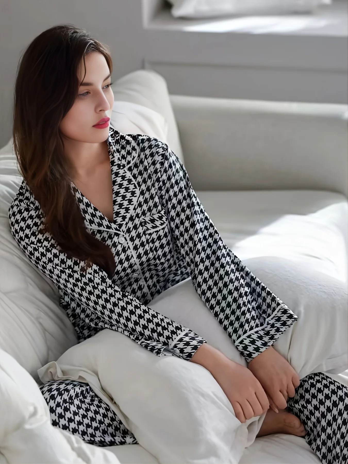 Elegant Classic Houndstooth Print Pajama Set Pocket Button Casual Long Sleeve Shirt Top Pajamas & Trousers Women\'s Loungewear &