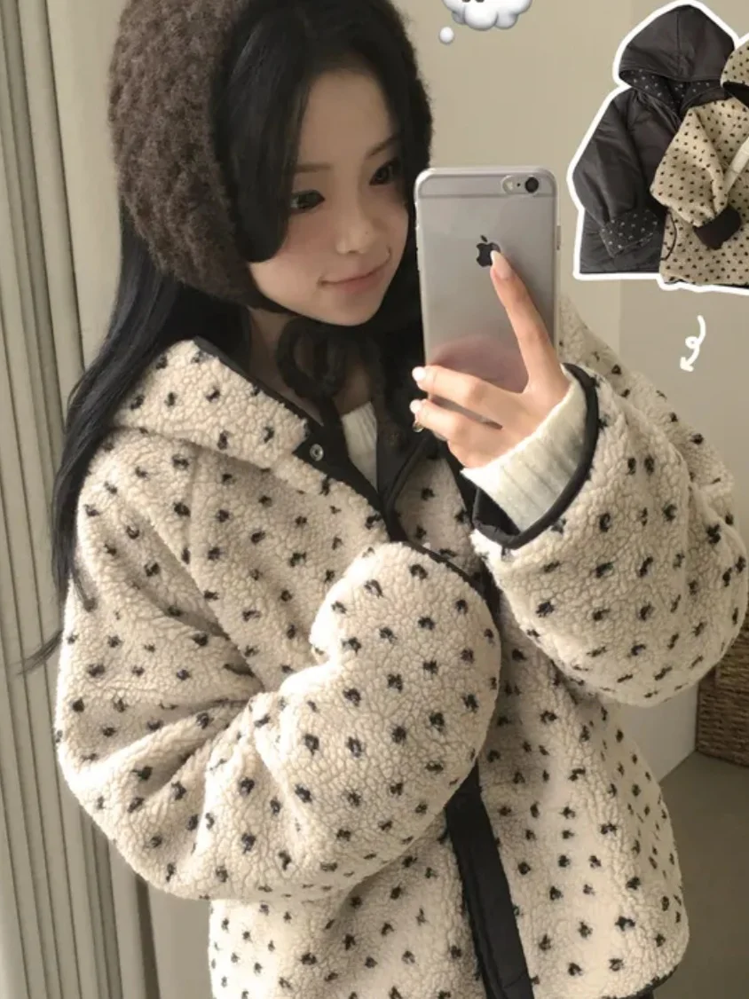 

Korean Style Cute Thickened Cotton Jacket Women's Double-Sided Wearable Warm Hat Short Coat for Small Figures Trendy