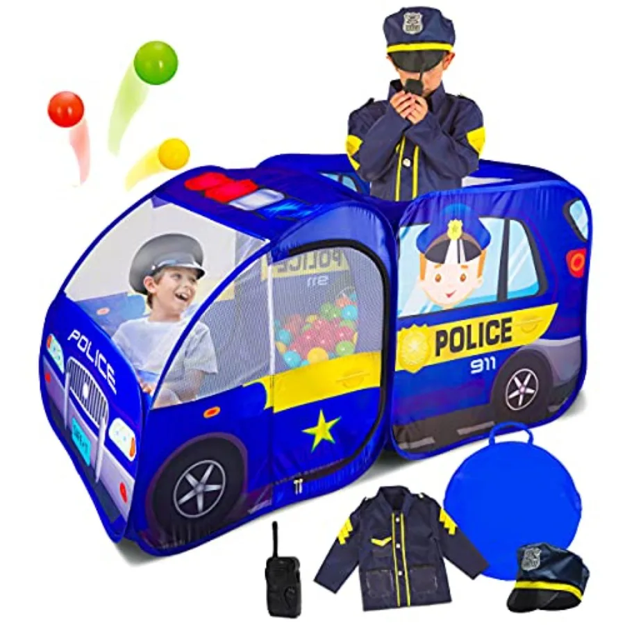 

Pop Up Play Tent for Indoor Outdoor Use Polyester Fabric, Navy Blue Red, Quick Setup Foldable with Sound Button and Officer Rol