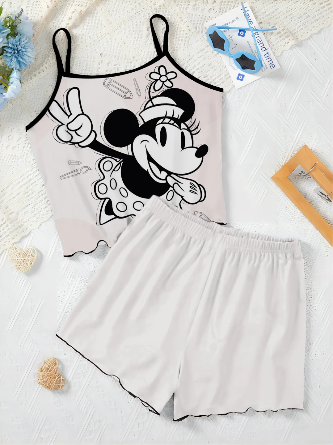 Conjunto elegante de 2 piezas de Disney para mujer, vestido con ribete de lechuga, camiseta de Minnie Mouse, Top de Mickey, falda de pijama, traje corto