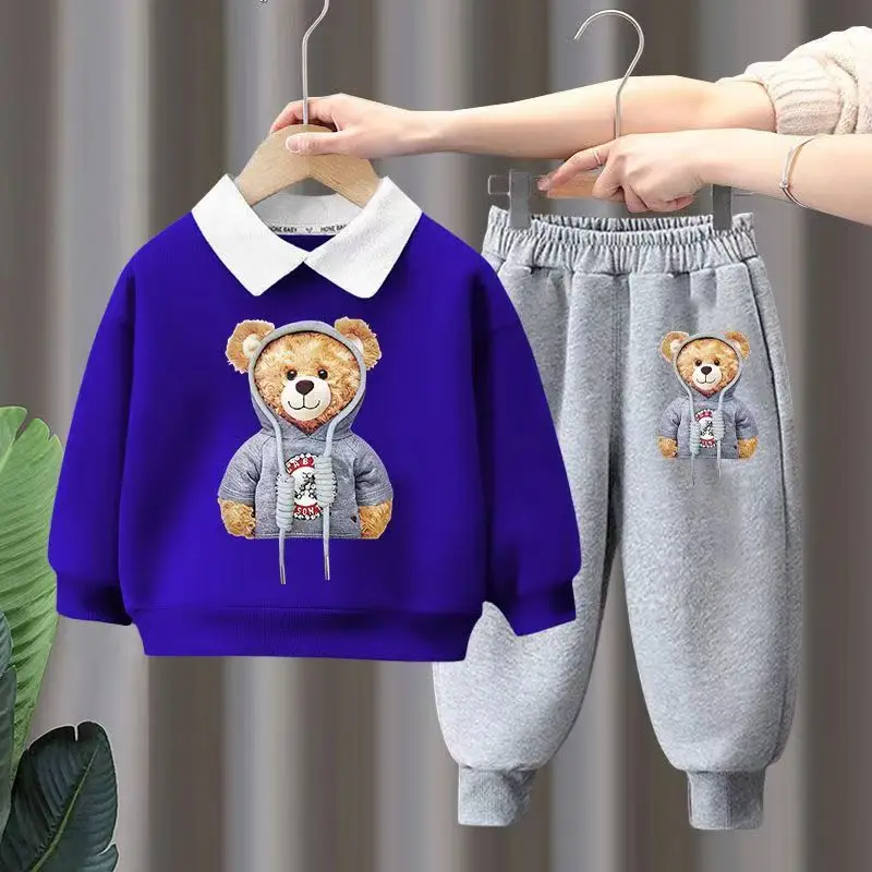 Autumn Baby Girls Clothes Set Children Boy Cartoon Bear Printed Lapel Sweatshirts Top And Pants Bottom 2 Pieces Suit Tracksuits