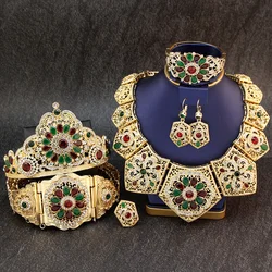 Sunspicems Gold Color Morocco Bride Wedding Jewelry Sets Women Caftan Belt Round Choker Necklace Cuff Bracelet Earring Ring Set