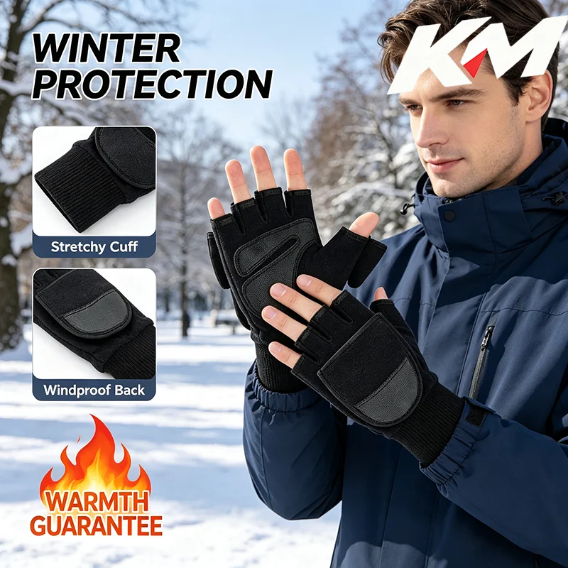 Winter Warm Gloves Fingerless Convertible Thermal Mittens Gloves Windproof Polar Fleece Warm Men Women Double-layer Flap Gloves