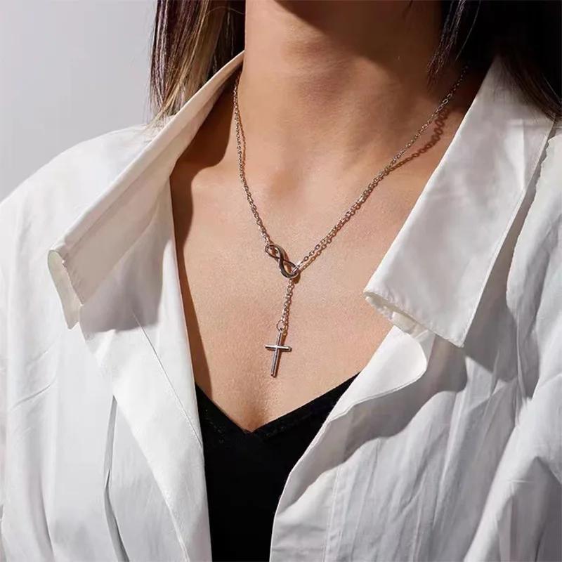 Silver Color Women's Short Necklace for women Pendant Cross Digit Minimalist Fashionable pendientes Neckchain Jewelry