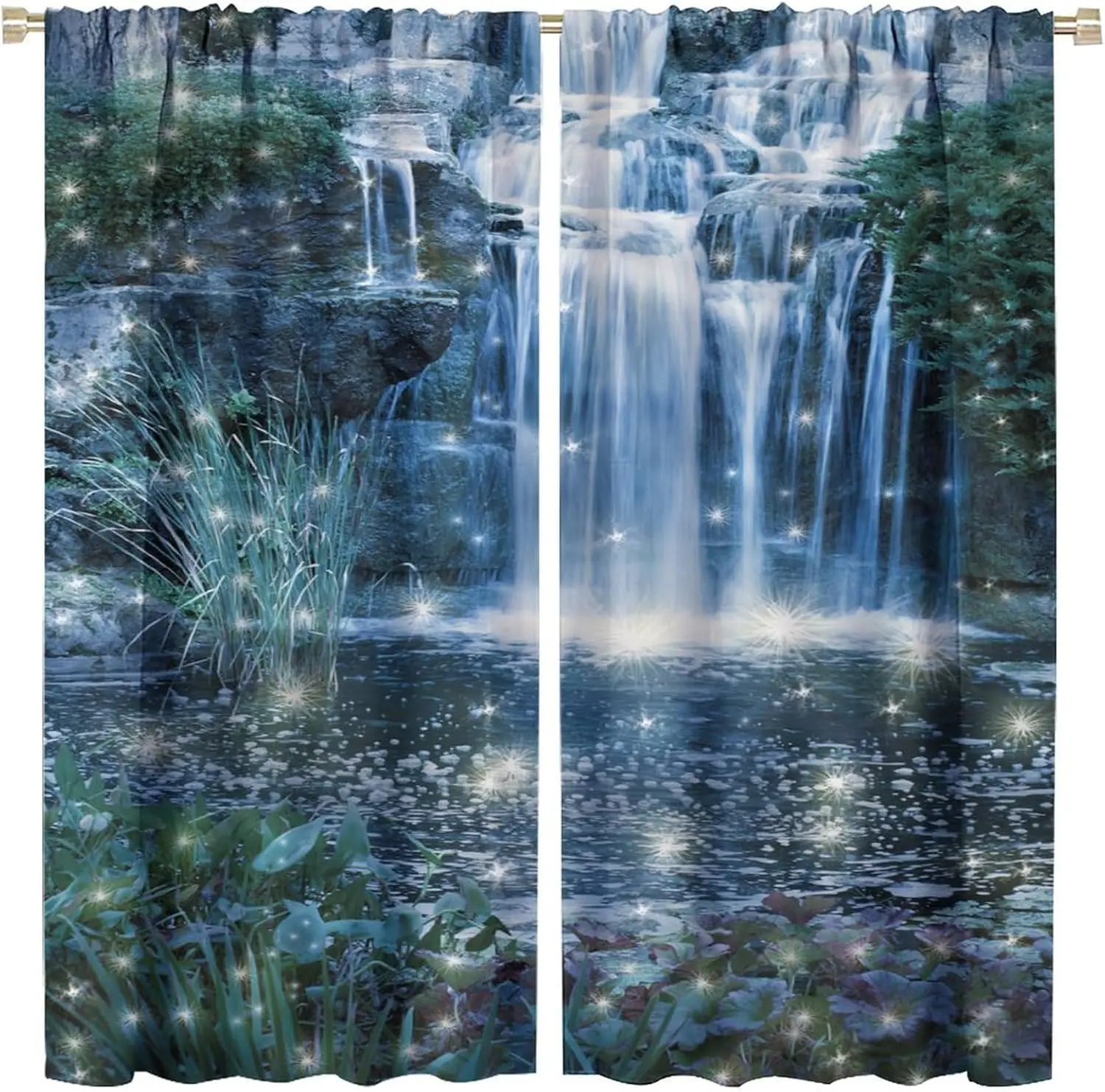 2 Panels Nature Waterfall Curtains Misty Mountain Stream Pond Green Reed Plant Glitter Star Print Window Curtains Bedroom Home