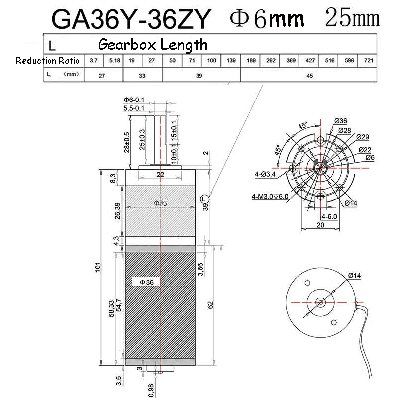 GA36Y-36ZY-2480 24V DC Geared Motor 11~2160 RPM 13/14W 1.15~110KG.CM Planetary Gear Brushed High Torque Miniature Speed Motor