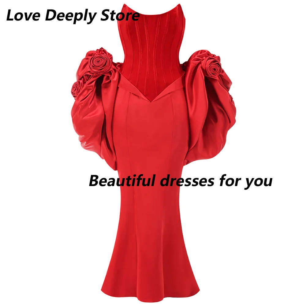 Red Evening Dresses for Women Sexy Strapless Floor Length Prom Dress 2025 Mermaid Backless Handmade Flowers Wedding Party Dress