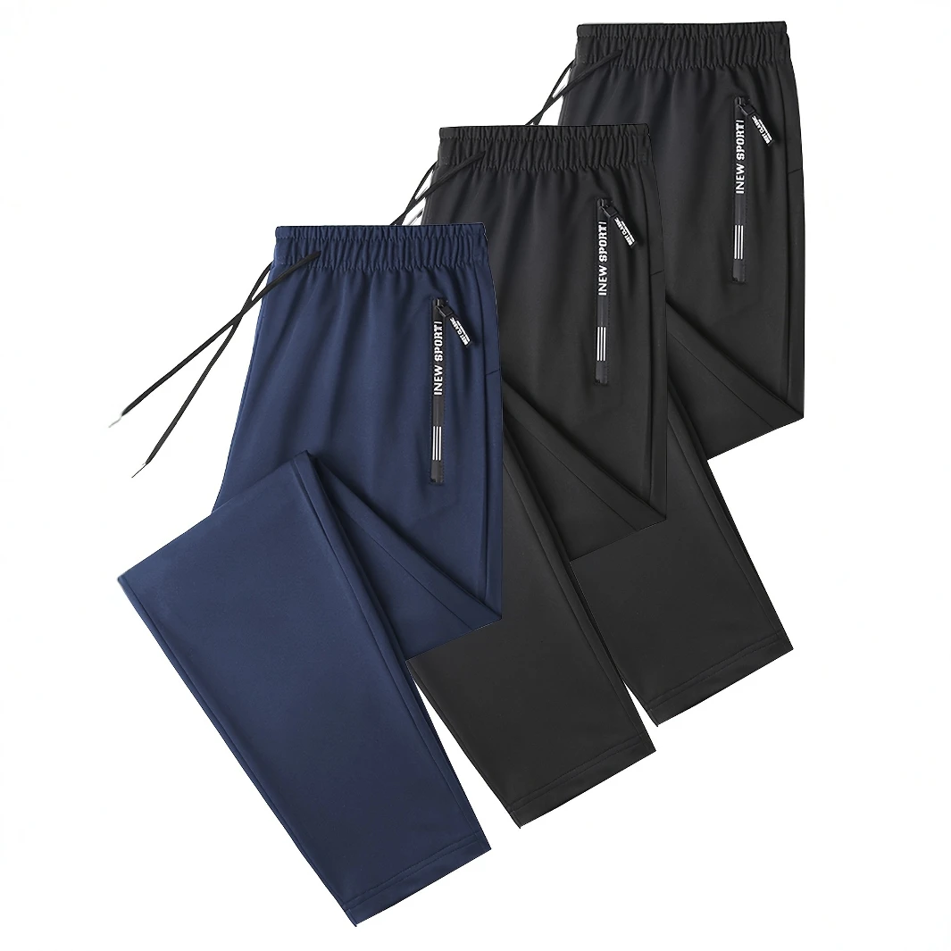 Zip Pockets Set of Three Solid Color Regular Fit Joggers Elastic Cuffs, Zip Pockets, Letter Prints, Drawstrings Suitable for Wor