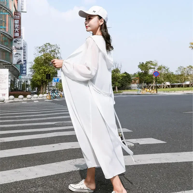 Women Blouse Summer Puff Sleeve Simple Loose Chiffon Shirt White Kimono Cardigan Hooded Long Kimono Ladies Tops Sun-protective