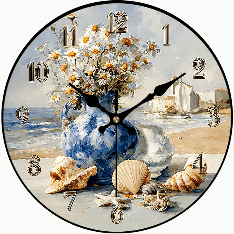 2D Flat. 1pc, Beach Style Wooden Wall Clock Silent Round Timepiece ...
