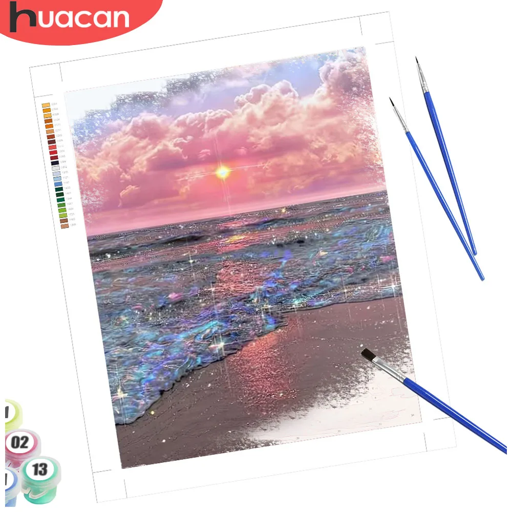 HUACAN-pintura con números, dibujo de paisaje costero sobre lienzo, regalo de atardecer de playa, decoración del hogar, Kits pintados a mano