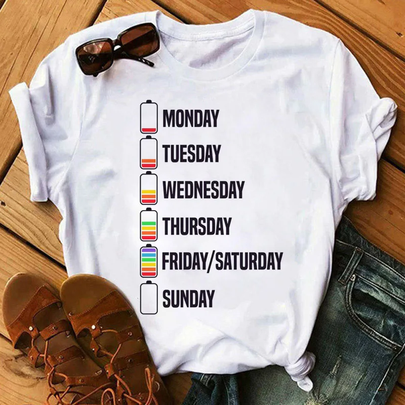 Monday Sunday T Shirt Women New Funny Black T Shirt Ladies Casual Tops Weekday Weekend Tees Shirt Female Short Sleeve T-shirts