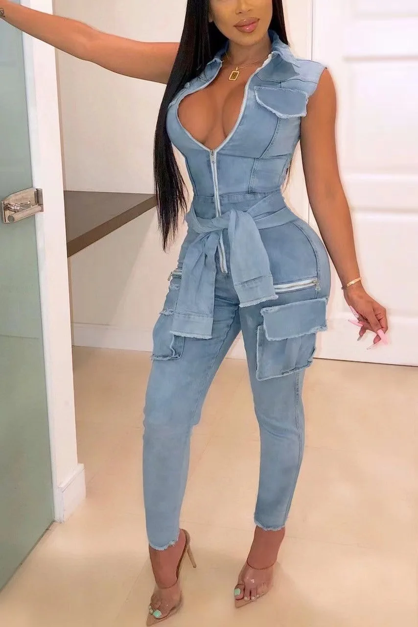 

Street Trend New Summer Solid-color Sleeveless Denim Jumpsuit. Ladies' Design-sense Patchwork Pocket Lapel Small Leg Jumpsuit