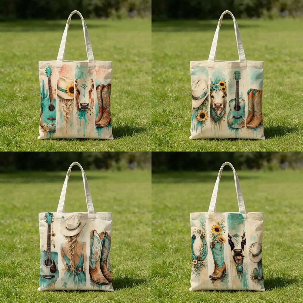 Cowgirl Canvas Tote Bag, Western Boots Hat Guitar Double-Sided Print, Large Reusable Bag For Daily Commute, Shopping And Gift