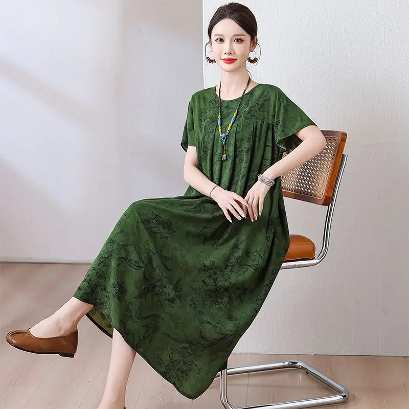 

Негабаритное офисное женское свободное платье миди с круглым вырезом и короткими рукавами, женская одежда, универсальное винтажное платье с геометрическим рисунком, летнее платье